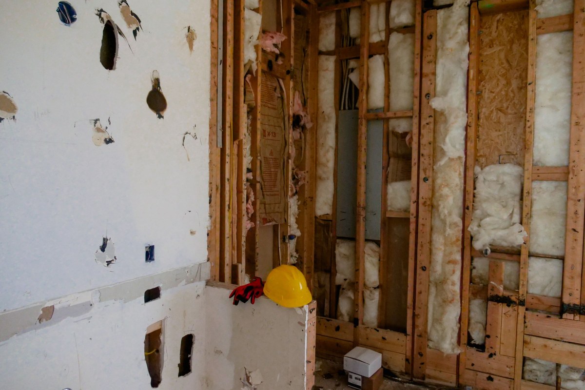 Interior room stripped to the studs during a renovation